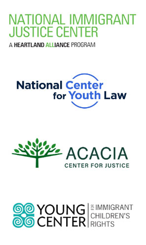 Logos for the National Immigrant Justice Center, National Center for Youth Law, Acacia Center for Justice, and Young Center for Immigrant Children's Rights