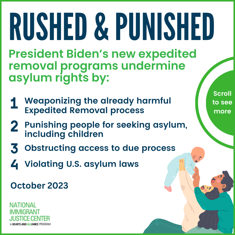 Graphic with FERM summary text. Visit: https://immigrantjustice.org/staff/blog/rushed-and-punished-president-bidens-new-expedited-removal-programs-undermine-asylum