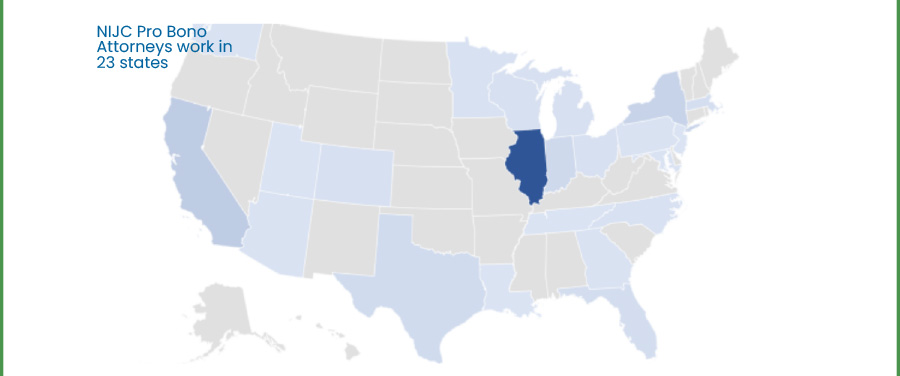Map showing the 23 states where NIJC pro bono attorneys work