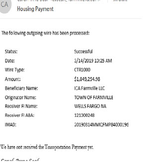 Image of a receipt for a March 2019 transfer of $1.8 million from the Town of Farmville to ICA