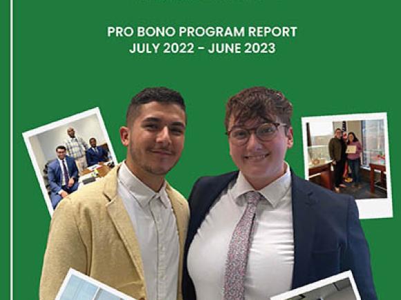 Cover of NIJC Pro Bono Program Report: July 2022-June 2023. Dark green background with National Immigrant Justice Center logo at top center in white. Two lawyers on NIJC's staff in suits smile. In polaroid snapshots, a lawyer and interpreter and client from Somalia mee in a conference room, a woman is beaming holding up a citizenship certificate next to her volunteer lawyer, and a woman presents gesturing to a large screen with a powerpoint presentation.